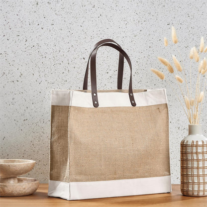 Okiyo Reza Jute & Cotton Tote with Leather Handles