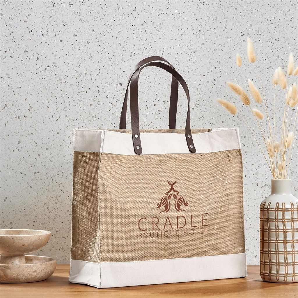Okiyo Reza Jute & Cotton Tote with Leather Handles