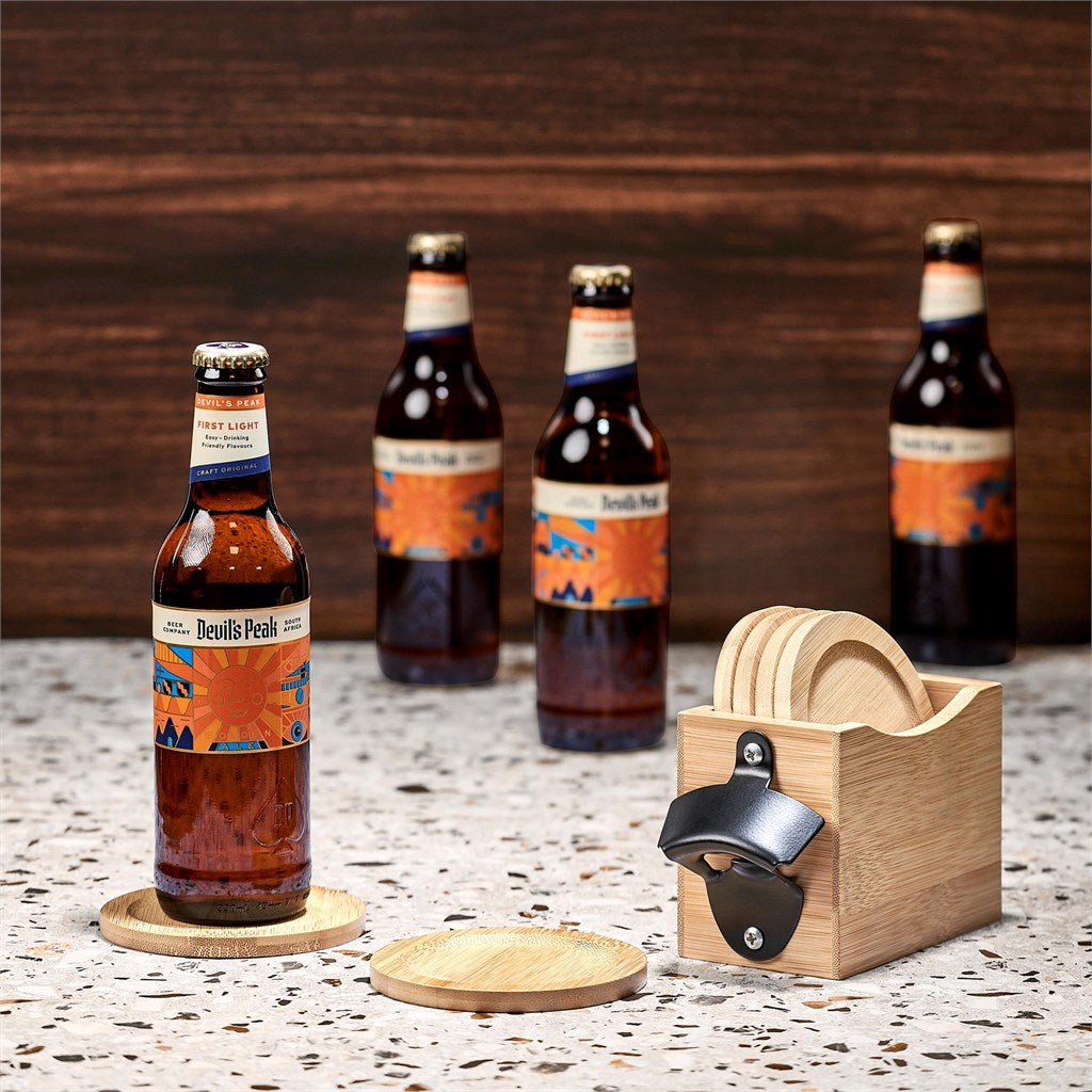 Okiyo Kanpai Bamboo Coaster & Bottle Opener Set